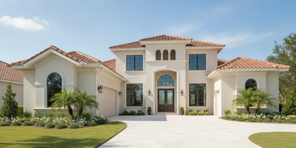 Bright coastal Florida custom home with clean stucco exterior and landscaped drainage area