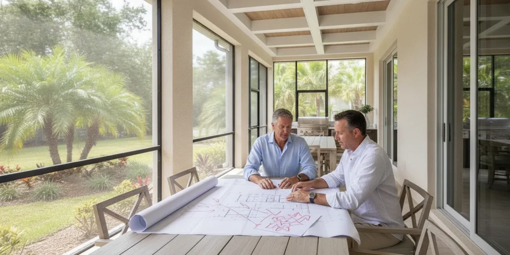 Coastal Florida custom home with a builder and homeowner reviewing plans at an outdoor table