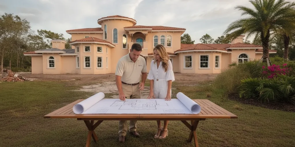 Coastal Florida custom home under construction with a builder reviewing plans at a table