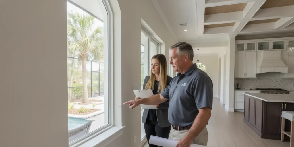 A home inspector reviewing construction details at a finished coastal Florida custom home